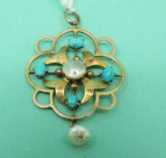 A 9ct gold Edwardian pendant set with turquoise and blister pearls