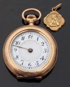 Continental 14ct gold cased ladies open faced keyless winding pocket watch with Arabic numerals,