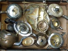 A collection of plated ware including tea sets, copper spirit kettle, cake stands etc.