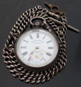 H E Peck of London silver open faced pocket watch with inset subsidiary seconds dial, gold hands,