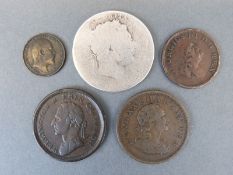 Two Ireland/Dublin penny tokens for 1816 and 1821 together with an 1805 George III Hibernia half