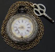 A ladies silver pocket watch with Roman numerals,