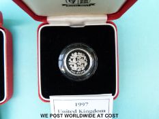 Two cased UK silver proof Piedfort £1 coins with certificates 1997 and 1998