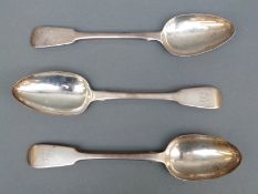 Three 19thC fiddle pattern hallmarked silver table spoons, London 1820, 1834 and 1837, weight 218g,