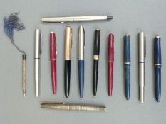 Eleven Parker fountain pens including one marked sterling silver, 17, Slimfold,