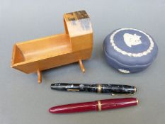 Linlithgow Palace Mauchlinware crib, Parker and Conway Stewart fountain pens,