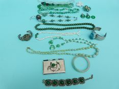 A pearl and jade necklace, jadeite necklaces, rock crystal, quartz and dyed quartz,