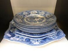 A set of six pearlware dinner plates & three meat plates in elephant pattern by Rodgers