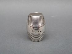A mid 18thC silver novelty barrel shaped container with screw lid,