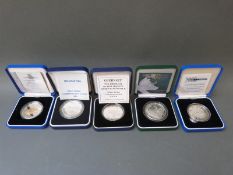 Five various cased and certificated commemorative silver proof coins to include 2017 Britannia,