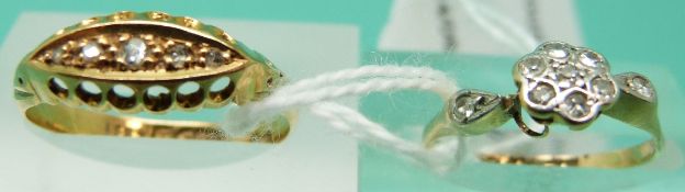 An 18ct gold ring set with five diamonds and an 18ct gold ring set with diamonds in a cluster