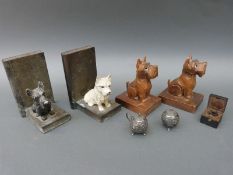 Cast metal Scottie dog bookends, white metal cruets,