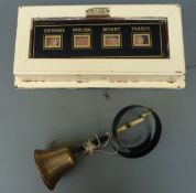 A Lowe and Oliver servants bell board with entrance, parlour, bathroom and trades windows,