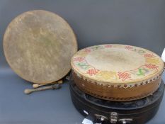 Two 45cm bodhrans with beaters,