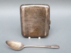 A hallmarked silver cigarette case with regimental inscriptions and a Georgian silver teaspoon