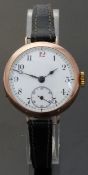 A Swiss 9ct gold wristwatch with blue hands, subsidiary seconds dial,