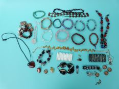 A freshwater pearl necklace, agate, moonstone, amethyst and mother of pearl bracelets,