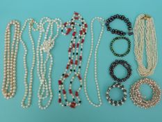 Six pearl necklaces including freshwater and cultured pearls and five freshwater pearl bracelets