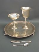 A silver plated salver, diameter 30cm, two goblets,