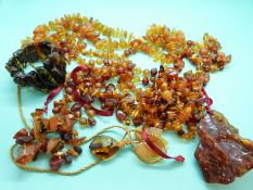 Six amber necklaces made up of irregular shaped translucent pieces, a large rough section of amber,