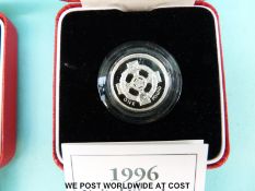 Two cased UK silver proof Piedfort £1 coins with certificates 1995 and 1996