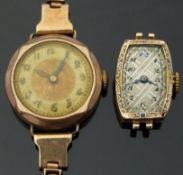 A 9ct gold ladies wristwatch with Arabic numerals, enamelled bezel and engraved face, case 14x20mm,