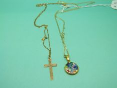 Two 9ct gold chains, a millefiori pendant and a 9ct gold cross pendant, weight 4.