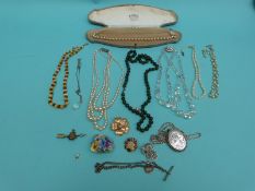 A collection of costume jewellery including pearl necklace, Gibraltar enamel sweetheart brooch,