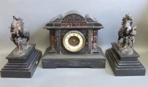 Victorian slate and marble mantel clock garniture with Marley style horses,