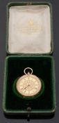 A 14ct gold ladies pocket watch with Roman numerals, engraved self coloured face and engraved case,