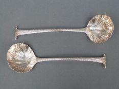 Two Georgian bottom hallmarked Onslow pattern ladles with shell shaped bowls,