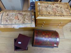Four wooden jewellery boxes containing a quantity of costume jewellery including glass necklaces,