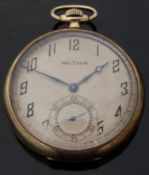 Watham 14ct gold open faced keyless winding pocket watch with inset subsidiary seconds dial,