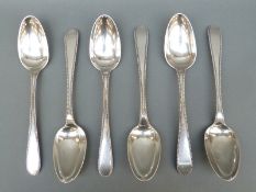 Six late 18thC German white metal beaded edge tablespoons,