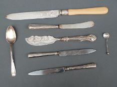 A quantity of hallmarked silver and white metal cutlery including Victorian butter knife,