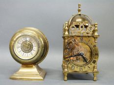 A small lantern clock together with a brass cased mantel clock