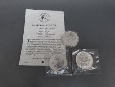 Three silver Britannia coins 1993, 1999 and 2006,