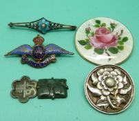 A silver Norway brooch set with guilloche enamel with painted flowers,