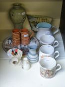 A collection of various vases including Cornish studio, reticulated, Celadon crested ware,