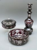 Three pieces of flash overlaid cut glassware comprising a pedestal covered bowl,