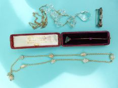A 15ct gold necklace set with blister pearls, crystal necklace, Georgian brooch,