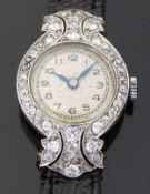 Orator 18ct white gold and platinum ladies cocktail wristwatch with Art Deco style case set with 44