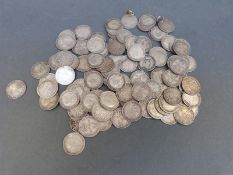 Ninety nine pre 1920 silver three penny pieces together with an overseas 1837 William IV 4d,