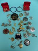 A pair of silver earrings, a cloisonne bangle, Trifari brooches, Hollywood brooch,