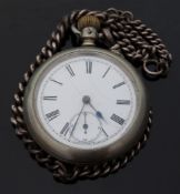 Longines white metal open faced keyless winding pocket watch with subsidiary seconds dial,