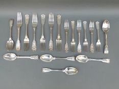 A harlequin canteen of Victorian and later fiddle thread and shell pattern cutlery comprising six