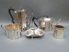 A silver plated teaset and a swing handle basket