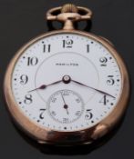 Hamilton gold plated open faced keyless winding pocket watch with Arabic numerals,