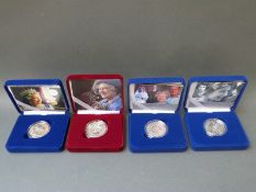 Four Royal commemorative silver proof crowns in original sleeved cases with certificates