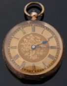 Swiss 14ct gold pocket watch with Roman numerals, blued hands,